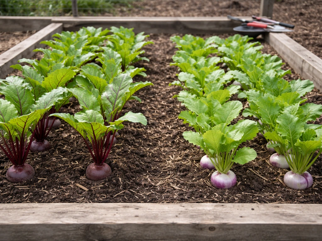 Raised bed with beet and turnip rows growing side-by-side in shared soil, minimal garden background.