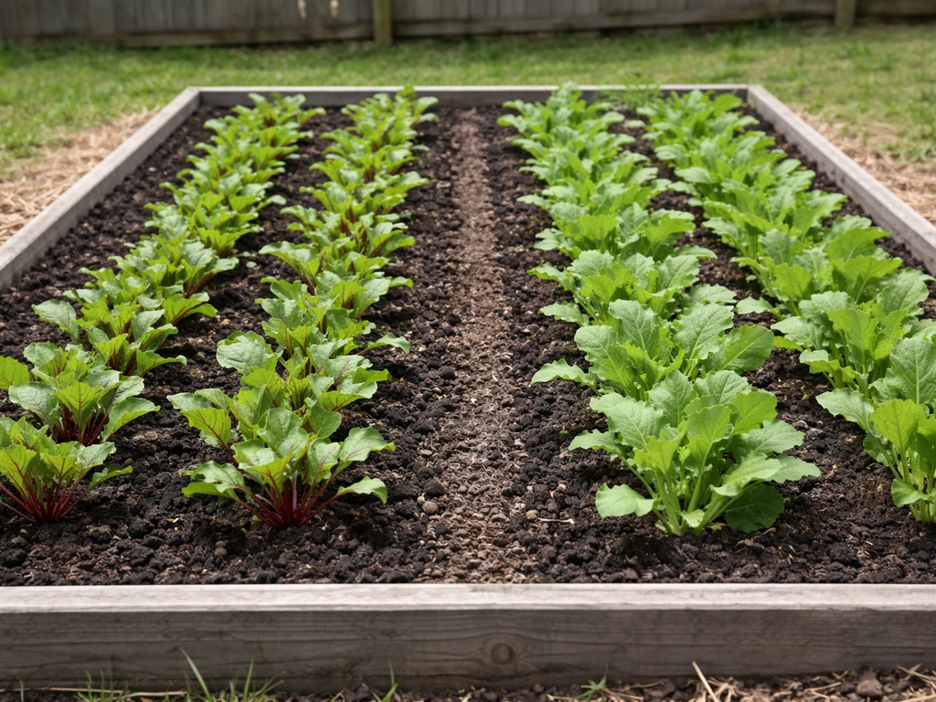 Cool-season garden bed with beets and turnips growing side by side in clear separated rows.