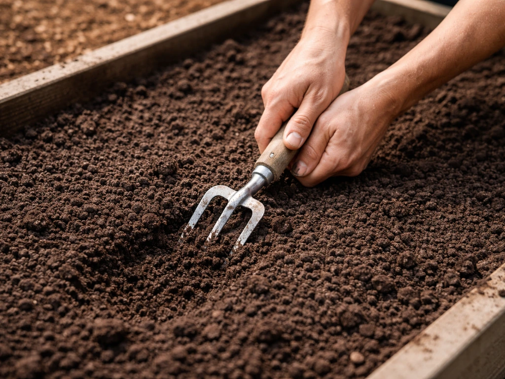 Gardener using a hand fork to loosen rock-free soil in a raised bed for root crops like beets and turnips