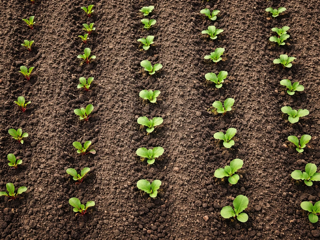 Overhead view of alternating beet and turnip rows in a shared garden bed with visible spacing