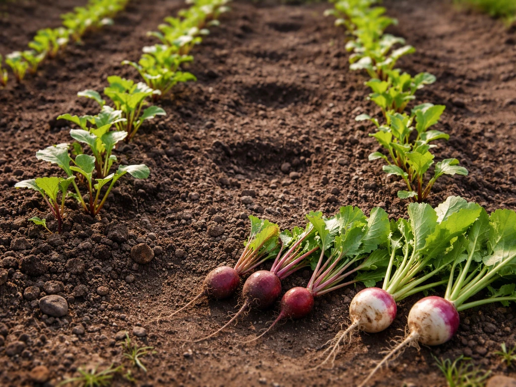 Garden bed with beet and turnip seedlings, showing thinned spacing and a few harvested roots