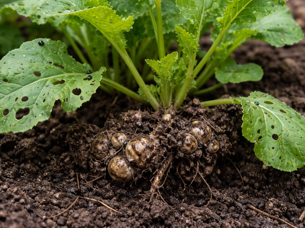 Turnip seedlings with flea beetle leaf holes and a nearby swollen soil clump hinting at clubroot