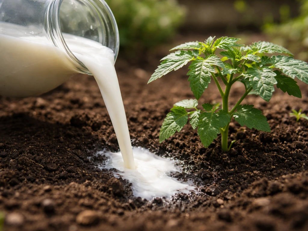 Fresh milk poured onto soil beside a healthy garden plant canopy.