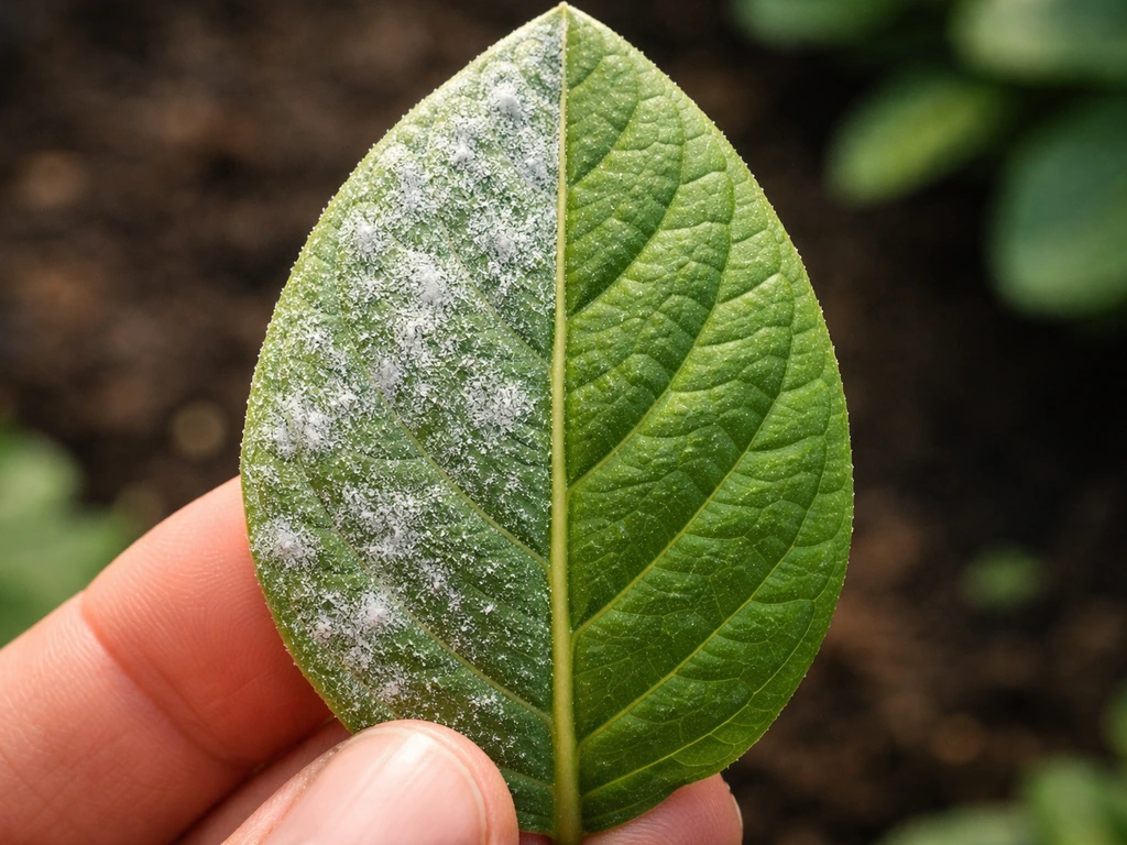 Split view of a plant leaf: powdery mildew on one side and fresh, clean surface on the other