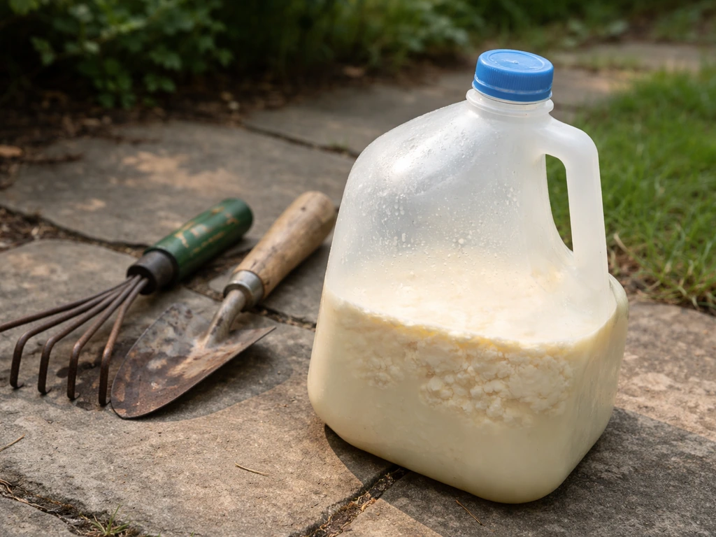 Milk jug with curdled, sour milk near gardening tools in a backyard corner, no people present.