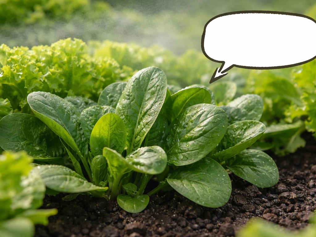 Close-up of spinach and lettuce leaves in soil with a callout implying milk spraying isn’t recommended.