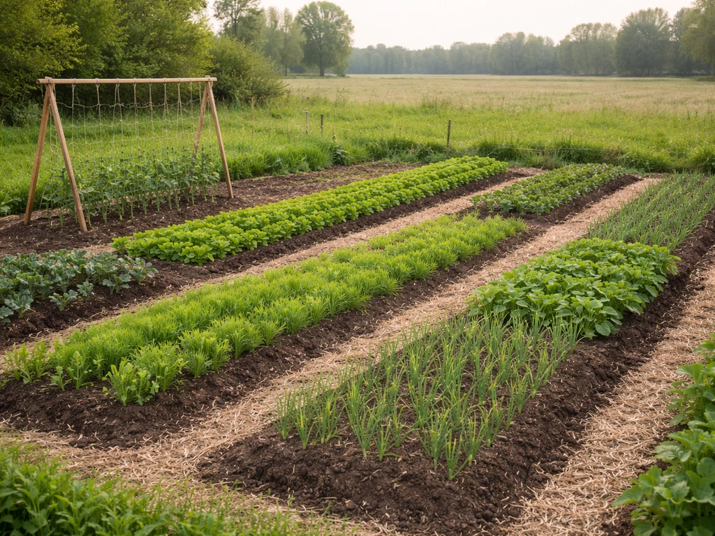 Neat raised vegetable beds with mixed rows and a small trellis under natural daylight.