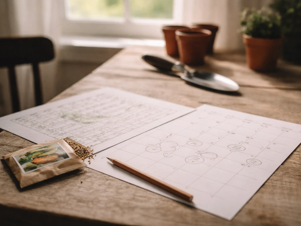 Morning light on a farm table with a planting plan and blank calendar sheets showing frost-window timing.