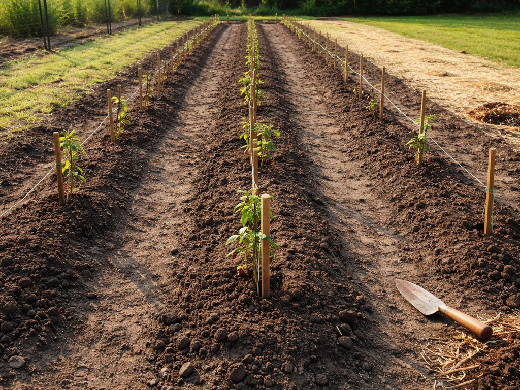 Red raspberry canes planted in evenly spaced rows in prepared garden soil with mulch and trowel nearby.