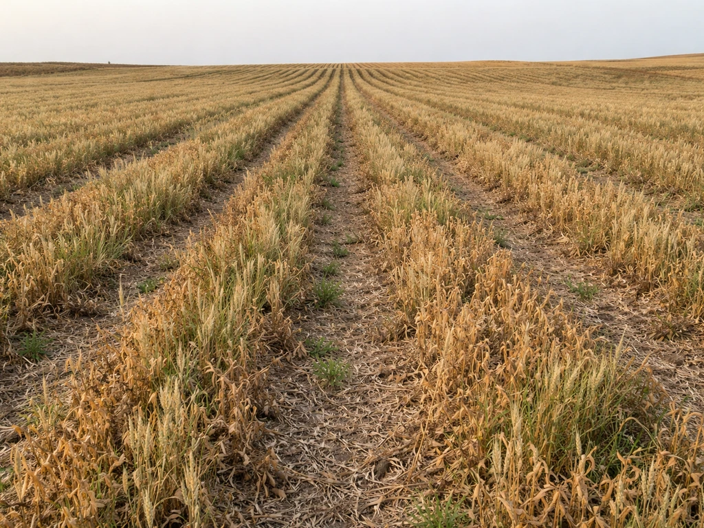 Vast field of dry legumes and small grain rows on a rural homestead under soft daylight