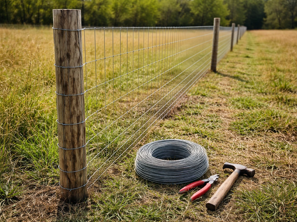 Basic 4-foot wire farm fence with wooden posts and fencing tools on the ground.
