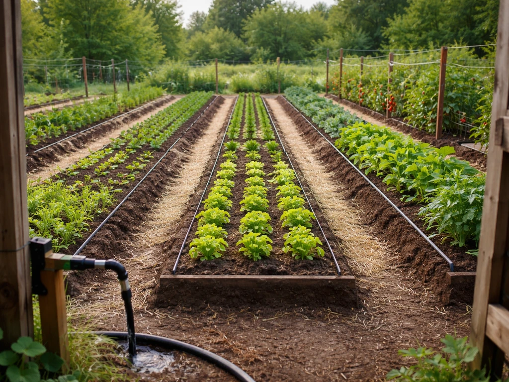 Thriving fenced ARK-style crop farm with irrigated beds and multiple growth stages ready for harvest.