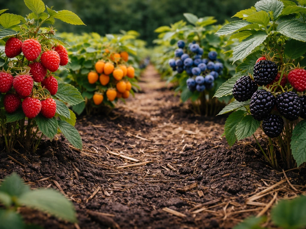 Close-up of ripe berry crop rows with small harvestable berry clusters in a simple farm plot.