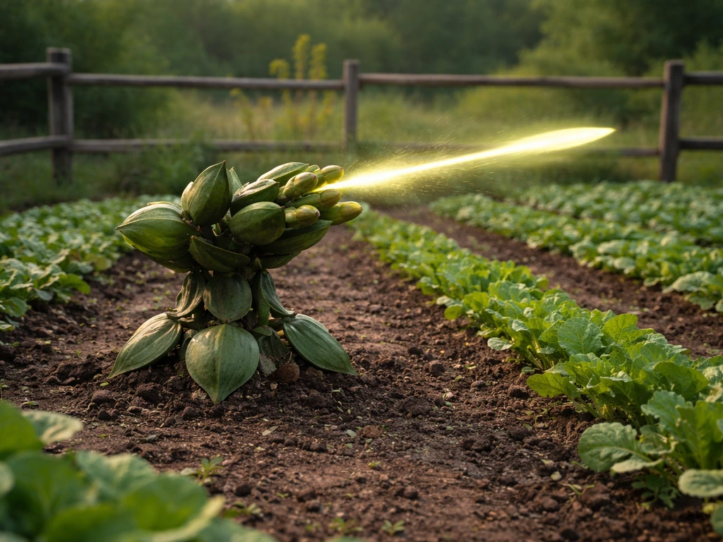A defensive, turret-like utility plant in a fenced crop bed with an active firing stance toward the distance