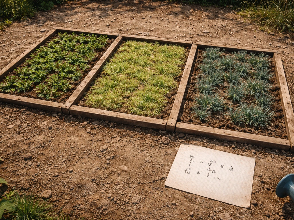 Minimal farm crop plot grid with simple handwritten formula on graph paper beside it.