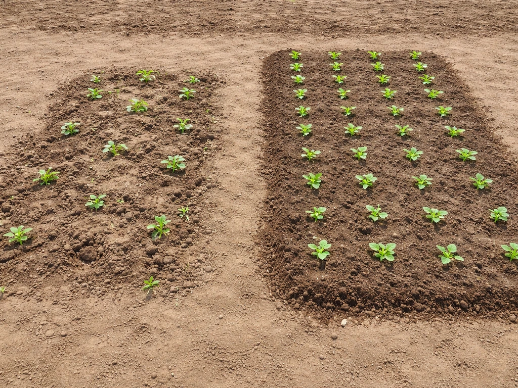 Split farm bed showing two adjacent setups: undersized plots with sparse growth next to corrected, evenly spaced plots.