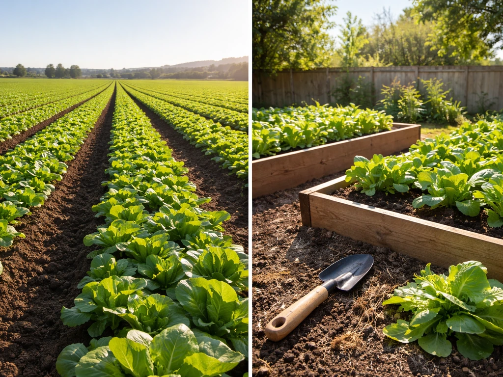 Sunlit distant crop field contrasted with a nearby backyard home garden growing the same greens