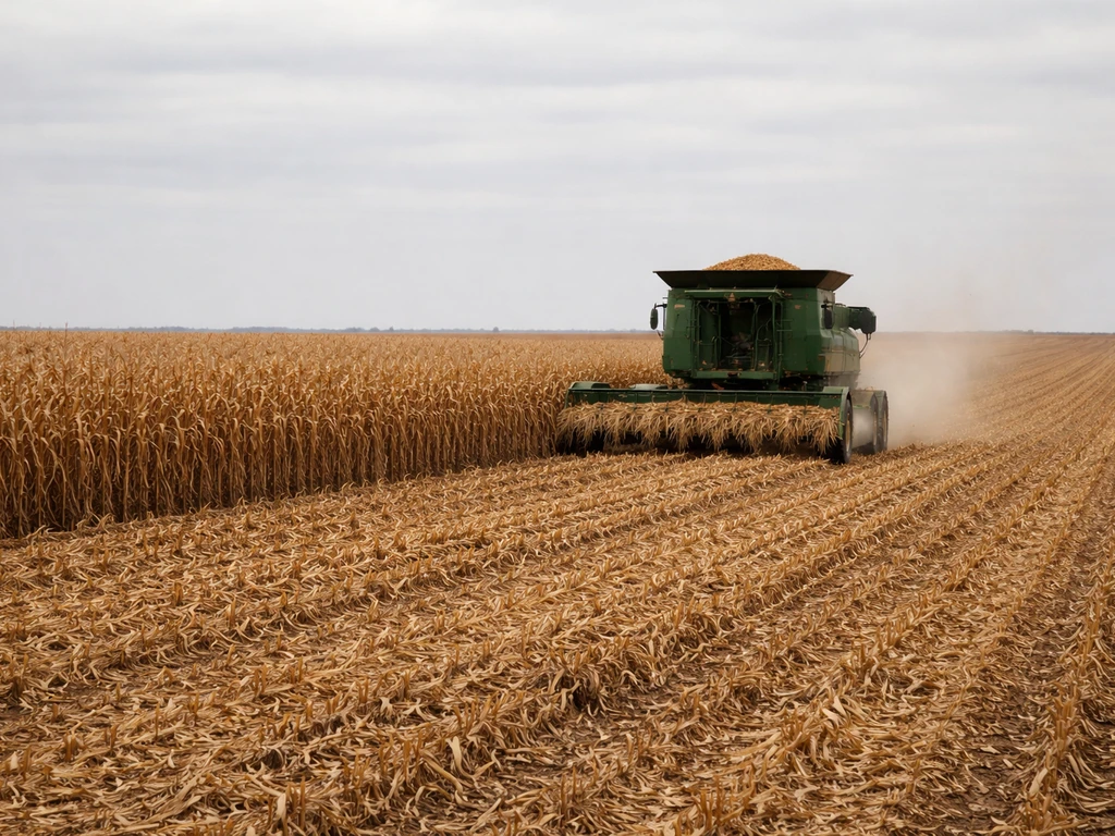 Combine harvester harvesting golden corn in a wide Midwest field