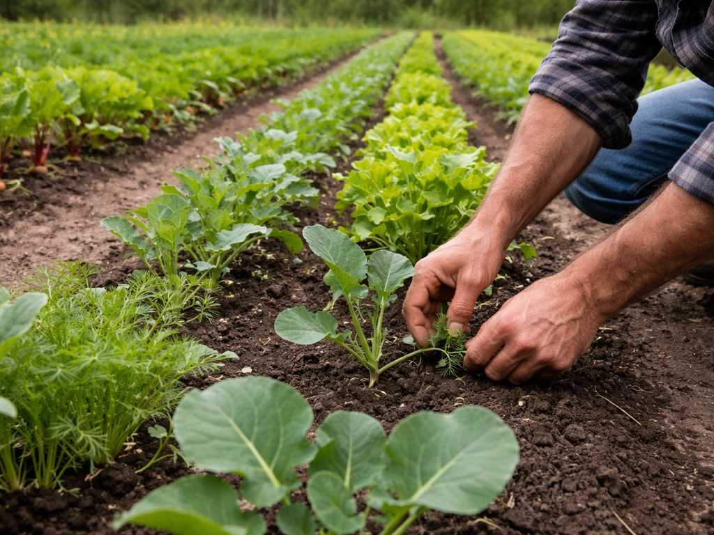 Farmer’s hands tending mixed vegetable beds in a small family farm plot