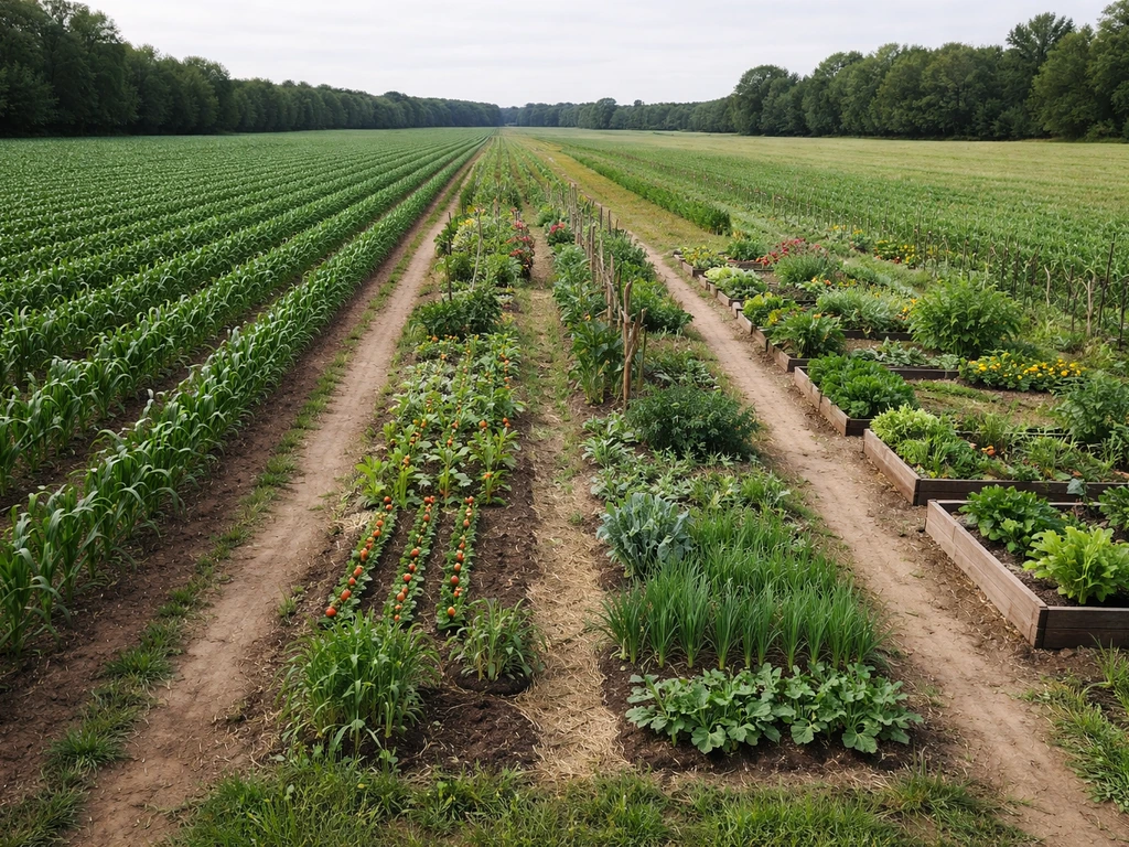Three adjacent farm sections showing industrial uniform rows, small mixed plots, and a community garden with raised beds