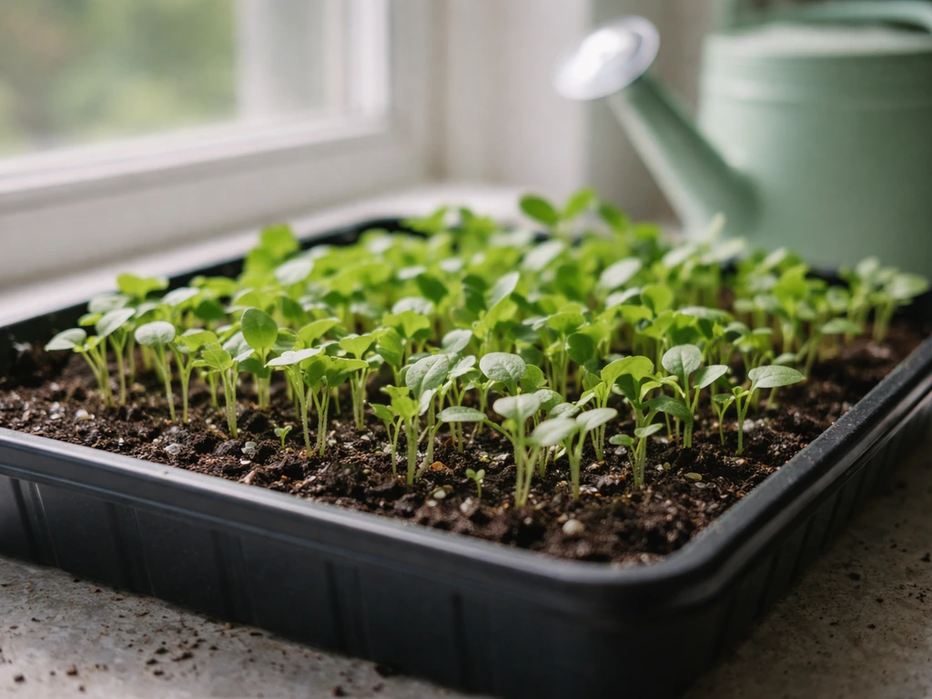 Close-up tray of small green seedlings on a windowsill, showing an easy start for growing crops.