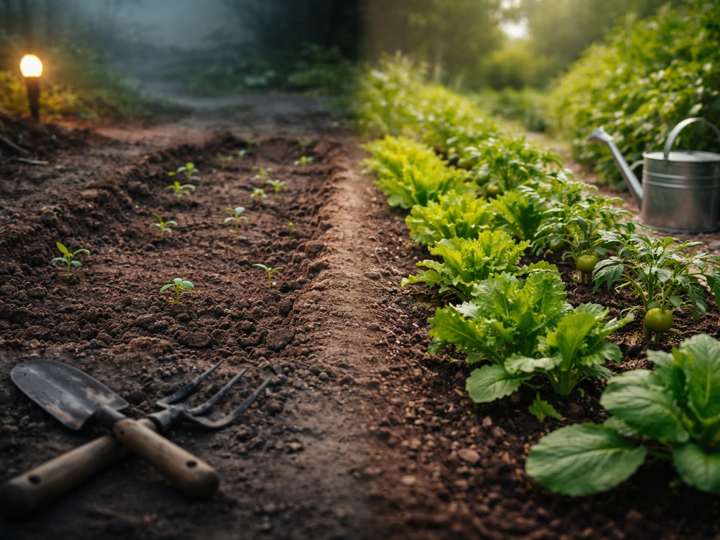 Composite view transitioning from a game-like farm plot to a thriving real garden bed with healthy seedlings.