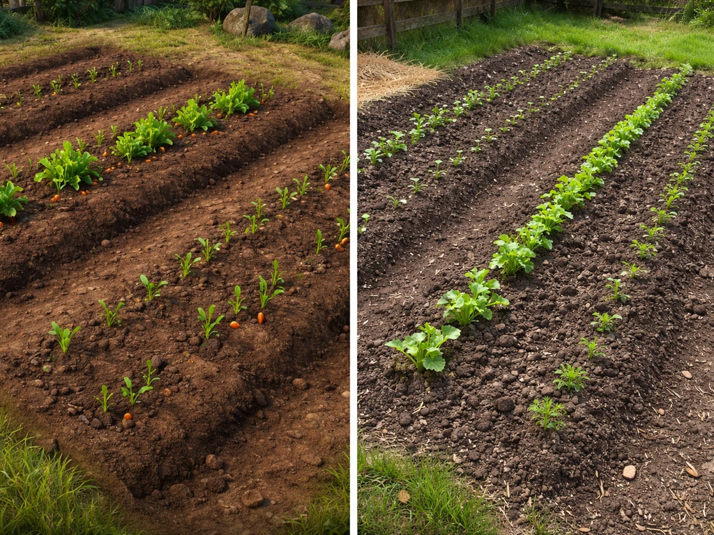 Side-by-side in-game crop plot and a real garden bed with sprouts and tilled soil