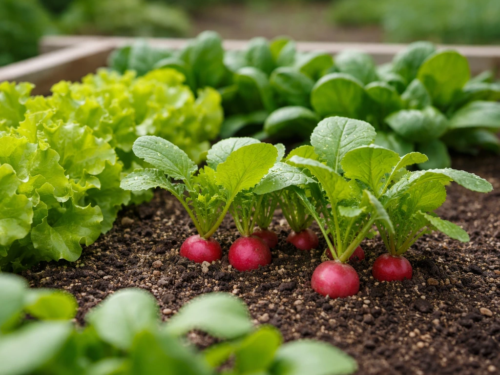 Closeup of radish and leafy greens growing in a small home garden bed.