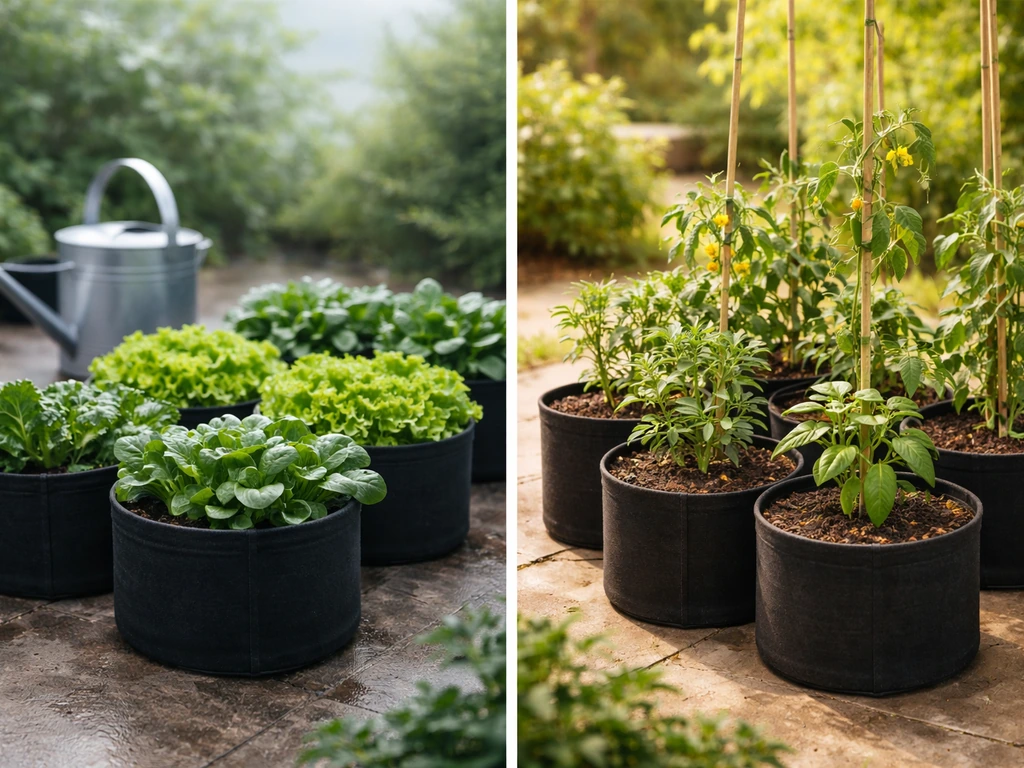 Split view of cool-season lettuce in mild weather vs warm-season tomatoes and peppers in sunny conditions
