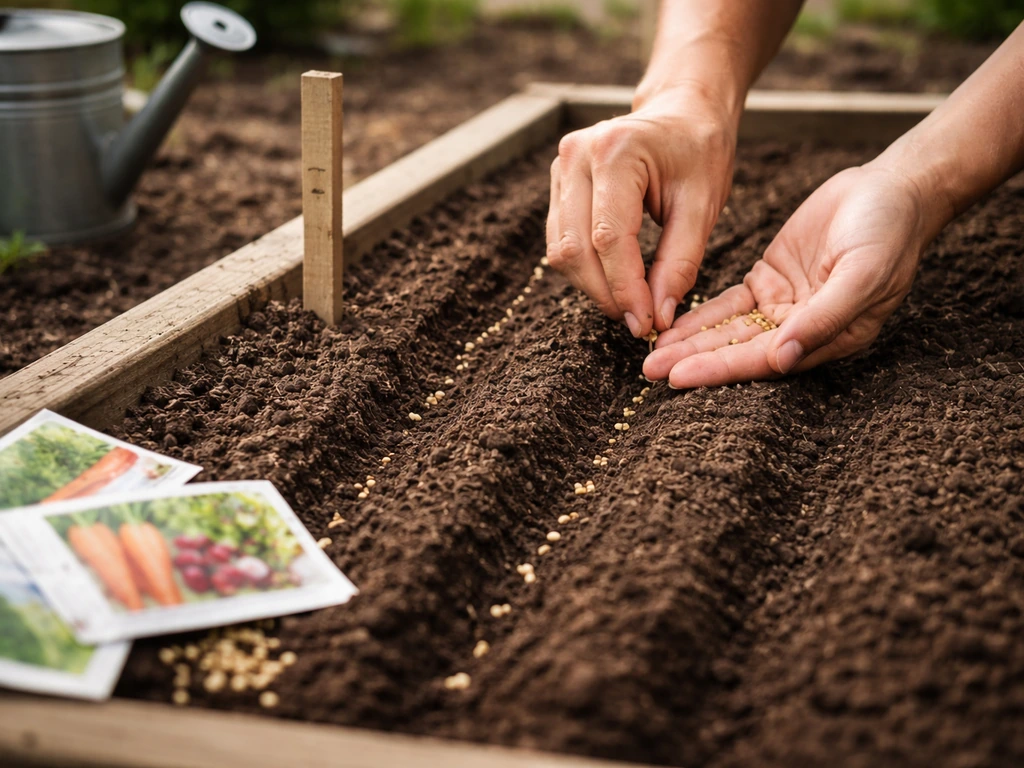 Hands sowing seeds in raised bed rows with clear spacing and furrows for succession planting.