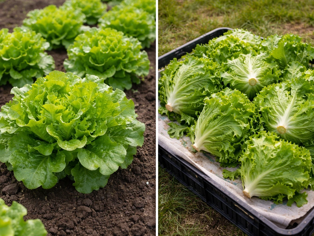 Split image of healthy lettuce growing and freshly harvested lettuce with crisp leaves.