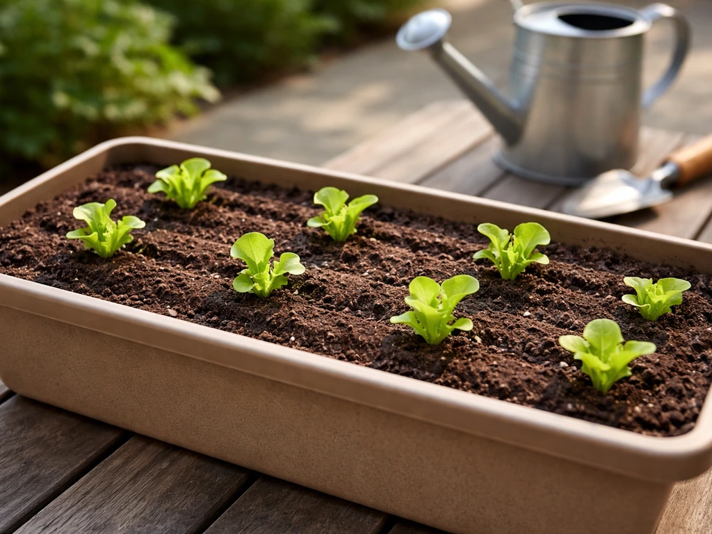 Shallow container planter with fresh soil and spaced lettuce seedlings under bright daylight