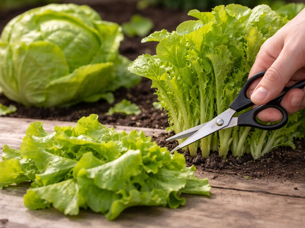 Hand using scissors to cut leafy lettuce at the base, with a separate intact head beside it