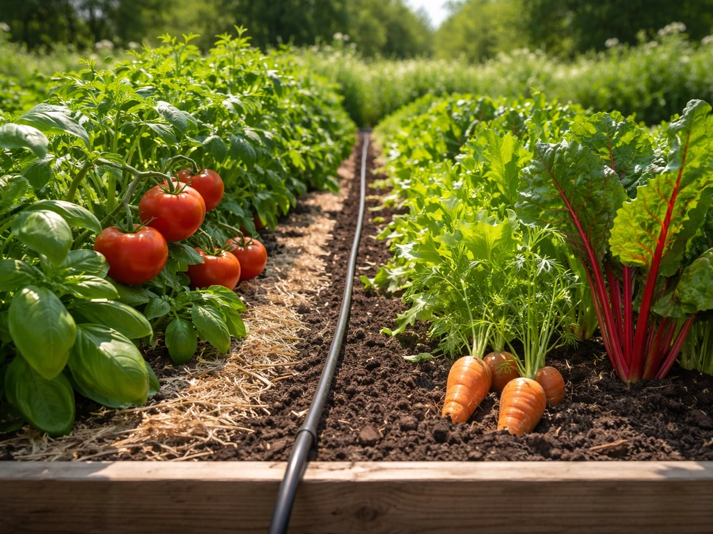 Healthy rows of vibrant vegetables growing in rich soil with mulch and drip irrigation lines