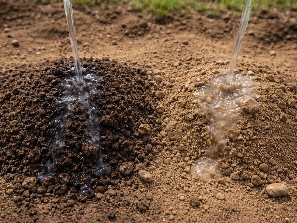 Close-up soil contrast: crumbly loam drains fast while heavy clay wets slowly.