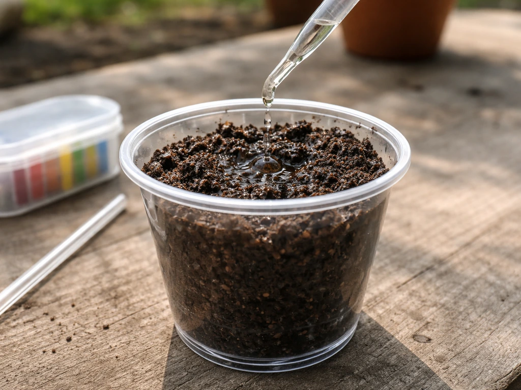 Close-up of garden soil in a small container with a pH testing dropper, showing soil testing setup.