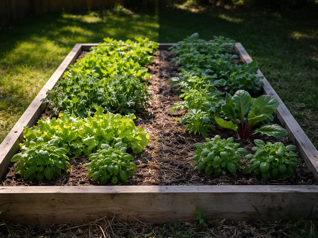 Raised garden bed with leafy plants in clear sun exposure, showing bright full-sun light on soil
