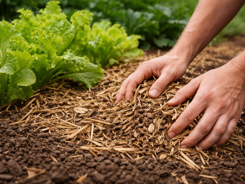 Hands placing straw and wood-chip mulch around small vegetable plants in a garden bed.
