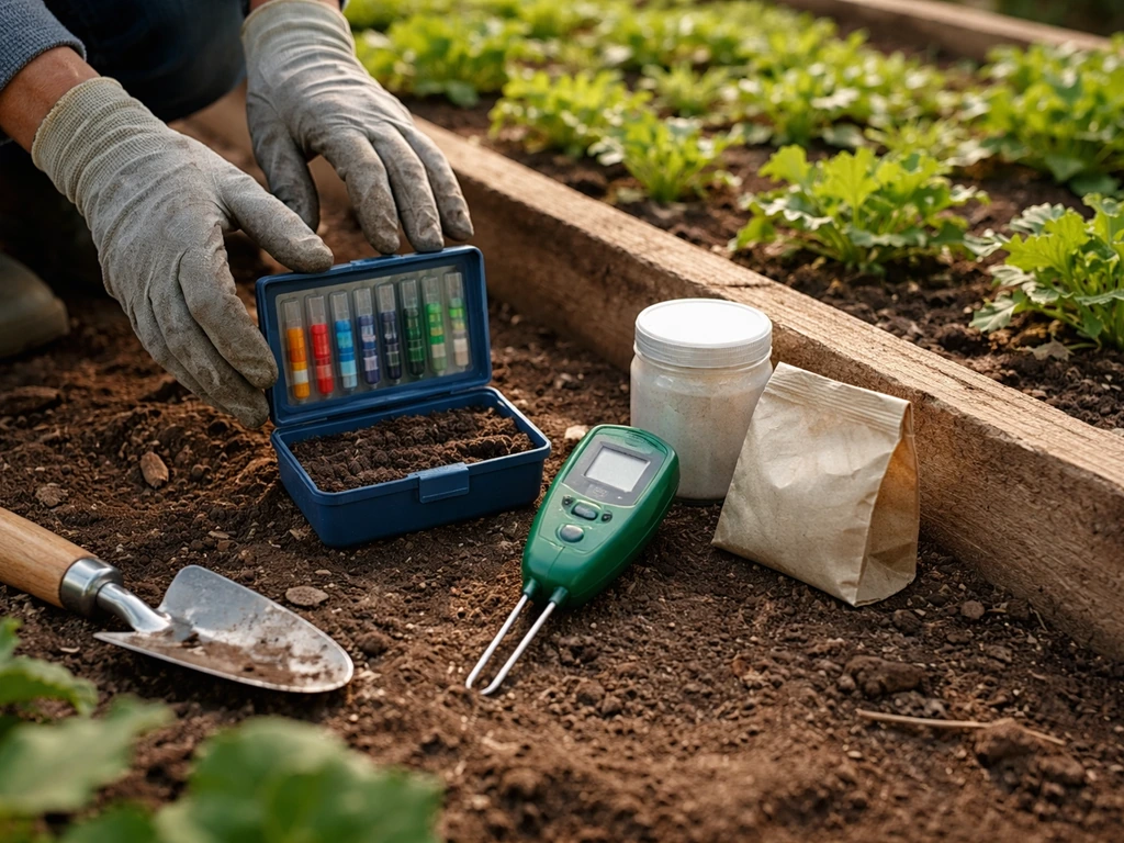 Person preparing a soil test kit beside a garden bed with soil amendments laid out