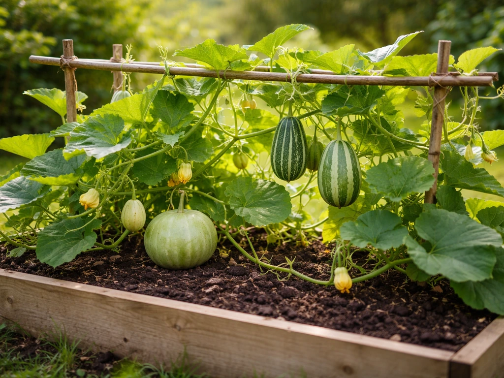 Sunlit garden bed with gourd vines and several developing gourds on a simple trellis.