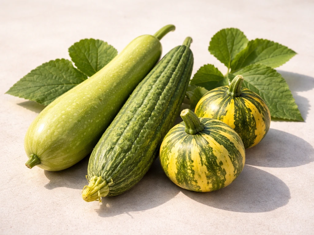 Close-up collage of tender bottle gourd, luffa, squash-like gourds, and leafy greens for cooking