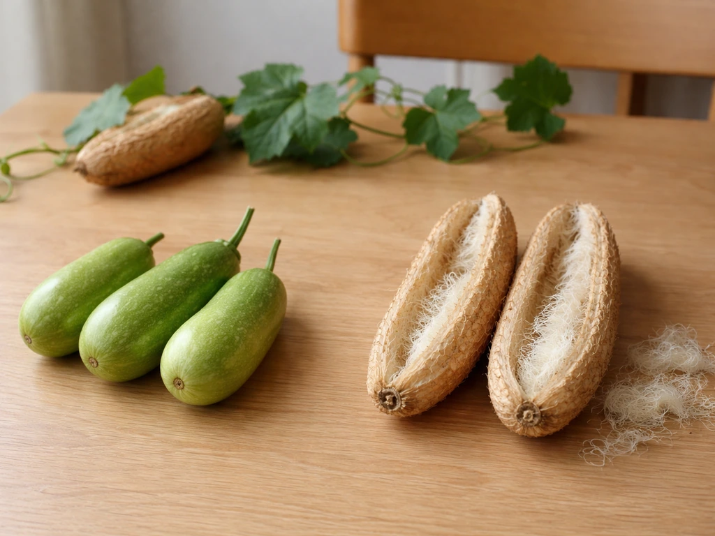 Side-by-side immature edible gourds and split dried luffa sponge gourds with visible fibers.