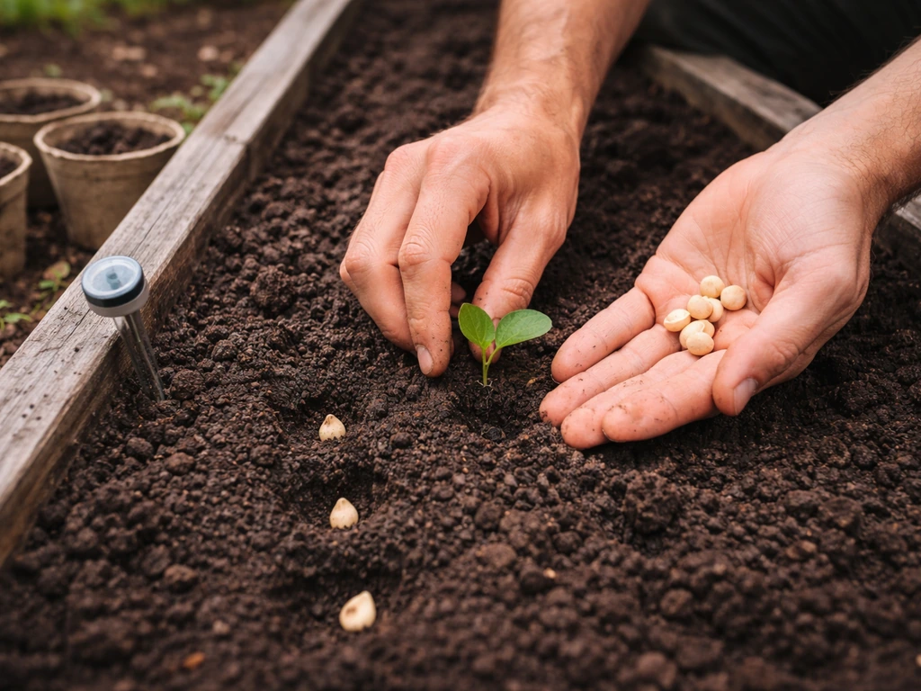Hands placing bottle gourd seeds into warm prepared soil in a small garden bed