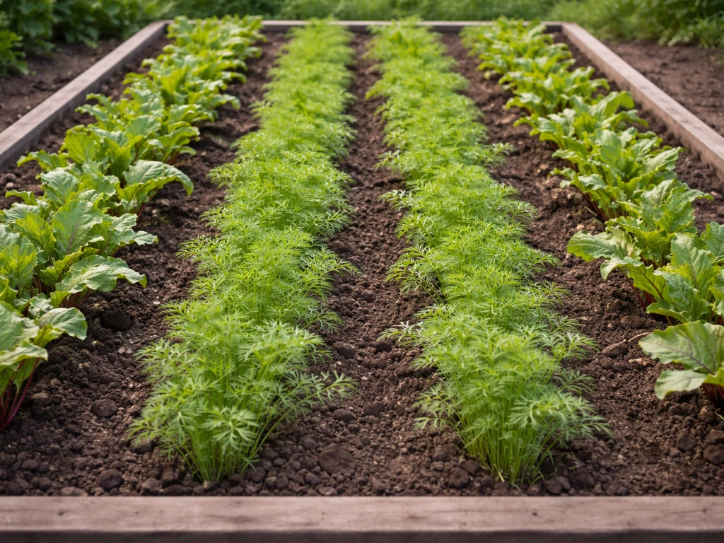Alternating rows of beet and carrot plants growing side by side in a neat raised bed