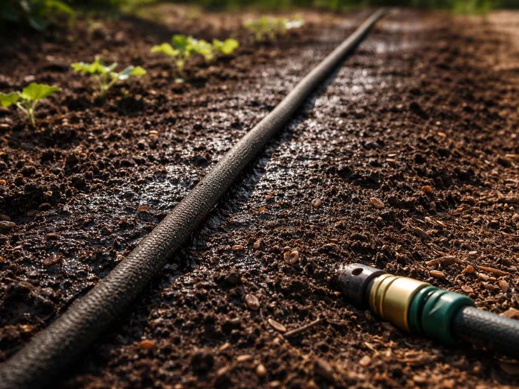 Close-up of a soaker hose watering moist soil in a garden bed under morning sun.