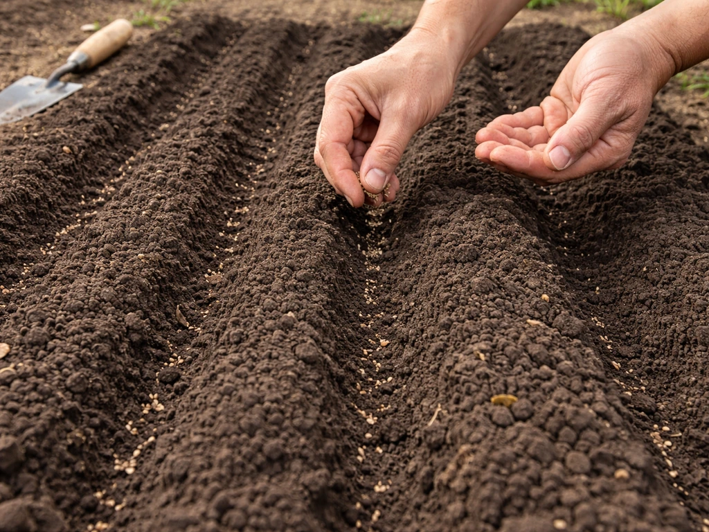 Hands sowing small seeds into neat alternating rows in a prepared garden bed