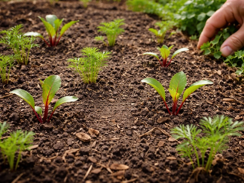 Close-up of evenly spaced seedlings in moist soil, with a hand thinning near the edge of frame.