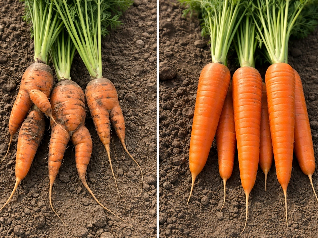 Healthy straight carrots beside forked, twisted, cracked carrots from poor soil