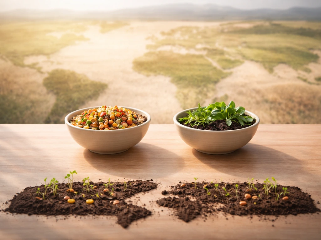 Minimal garden bed and soil overlaid with faint field imagery forming an abstract world map; two bowls balance grains an
