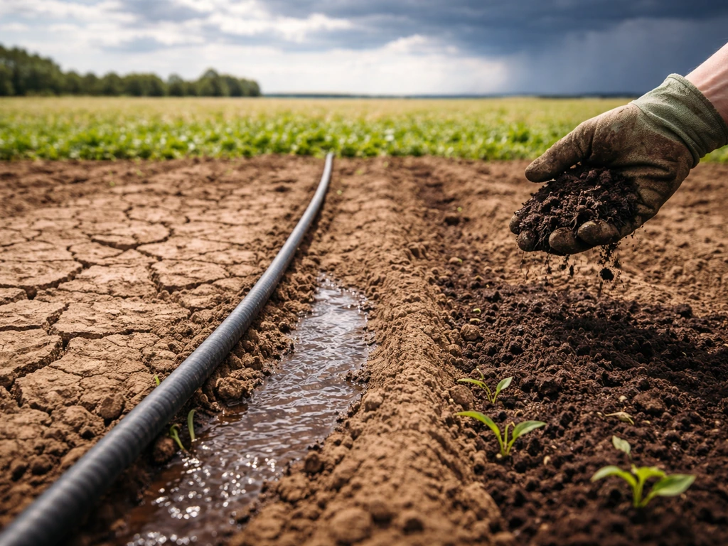 Minimal photo of dry soil, irrigation water, compost spreading, and changing sky over a field.